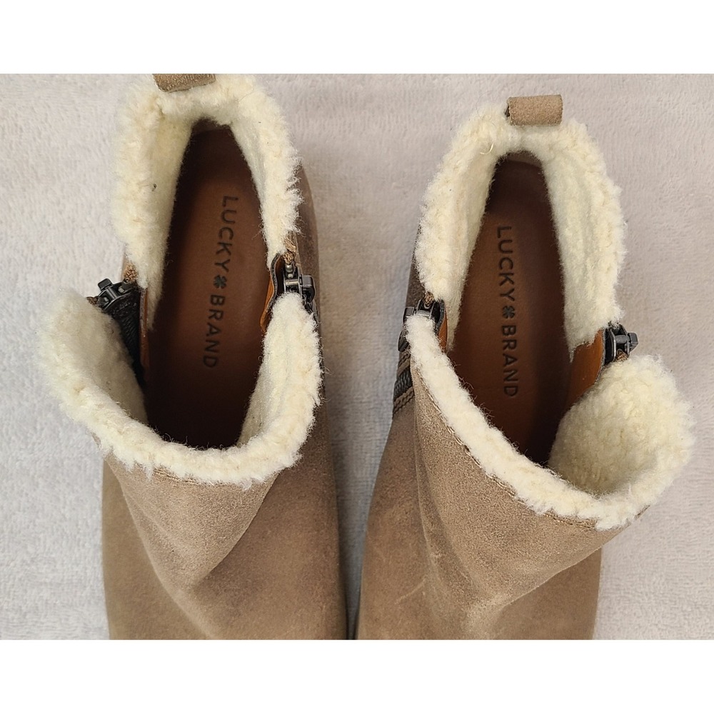 Lucky Brand Ankle Boots Women's 9.5 Brown Leather Shearling Trim Zip-Up Shoes - Picture 7 of 9